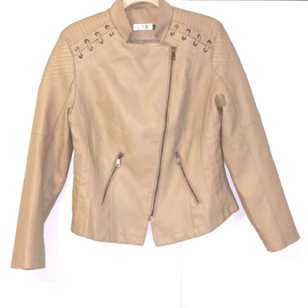 GYK "Faux Leather" Taupe/Beige Moto Jacket in Size M